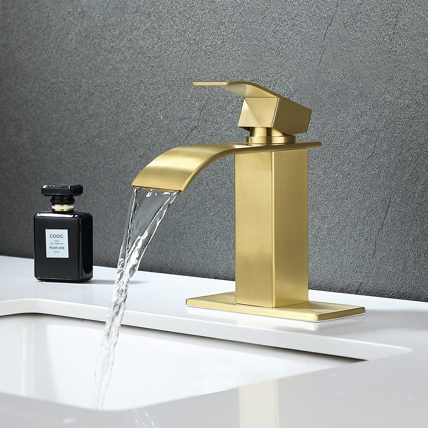 Gold Waterfall Spout Bathroom Faucet,Single Handle Single Hole Bathroom Vanity Sink Faucet, Rv Lavatory Vessel Faucet Basin Mixer Tap with Deck Plate, Brushed Gold