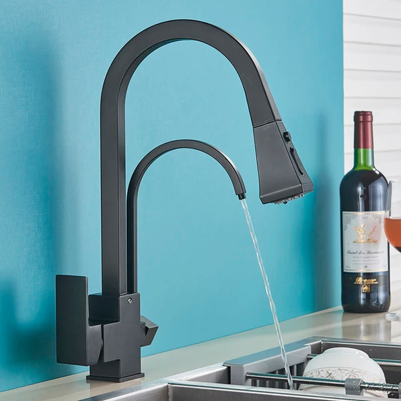 Kitchen Sink Faucet Hot&Cold Water Chrome/Matte Black Pull Out Faucets with Pure Water Tap 360° Crane 2 Outlet Water Mixer Taps